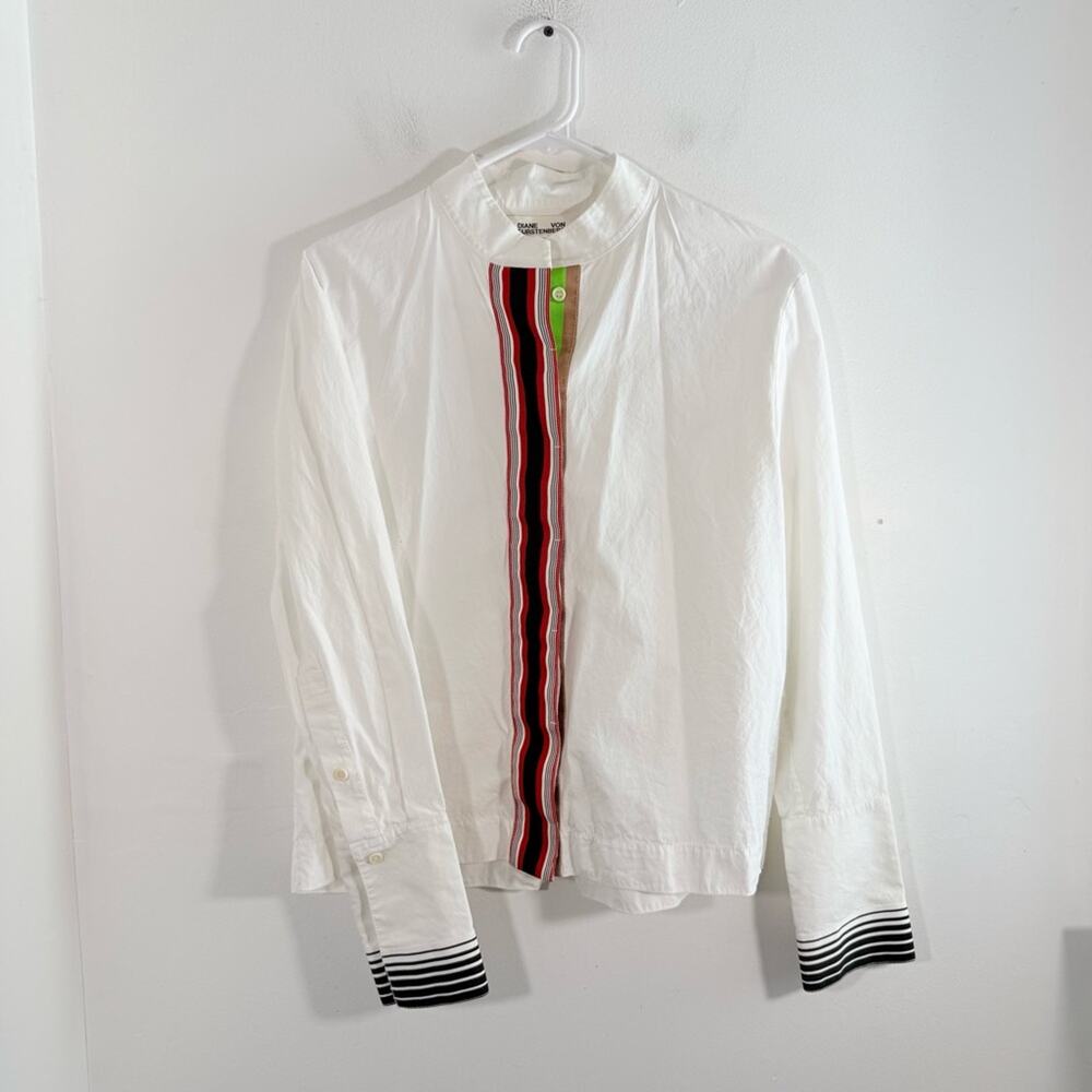 Diane Von Furstenberg White 100% Cotton Button Down Shirt Ribbon Detail 4 DVF